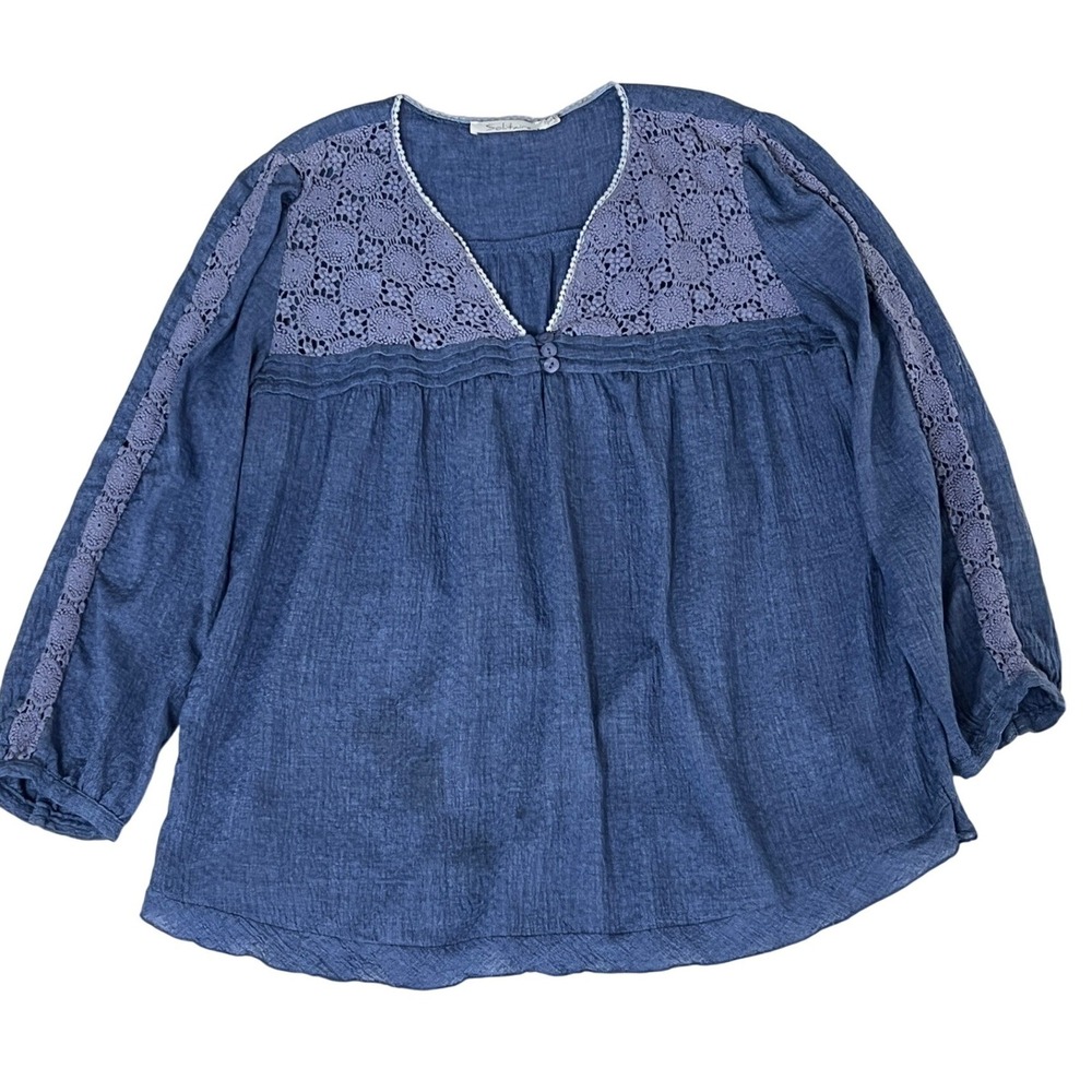 Solitaire‎ Blue Textured Cotton Crochet Accents V Neck Button Front Blouse Top L
